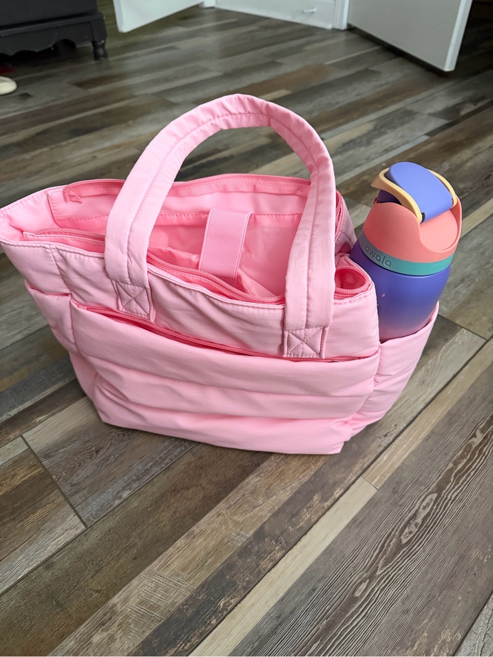 Pink Puffer Quilted Tote Bag with Water Bottle Pockets